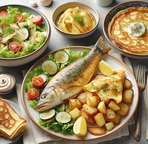 Un plato de ensalada, otro plato de tortilla, otro plato con bacalao al horno y otro plato con crepes